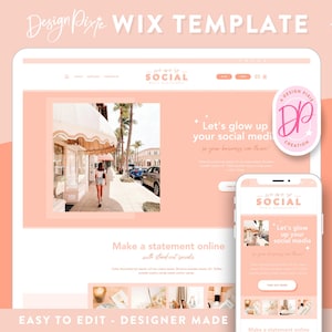 Puede incluir: Una plantilla de sitio web Wix rosa y blanca con el texto "Let's glow up your social media" y un logotipo rosa con el texto "Design Pixie Creation". La plantilla presenta un esquema de color rosa y blanco y un diseño moderno.