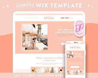 May include: A pink and white Wix website template with the text "Let's glow up your social media" and a pink logo with the text "Design Pixie Creation". The template features a pink and white color scheme and a modern design.