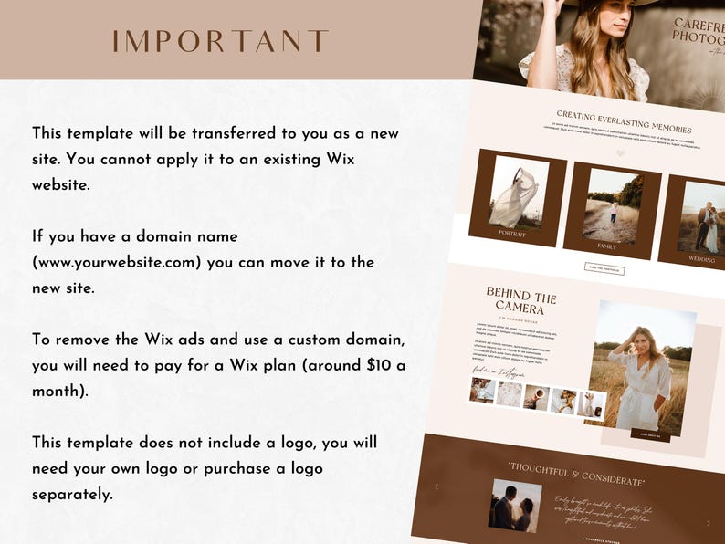 May include: A website template for photographers, featuring a brown and white color scheme. The text "Creating Everlasting Memories" is displayed at the top of the page. The website includes a section titled "Behind the Camera" with a description of the photographer's services. The website also includes a section titled "Thoughtful & Considerate" with a description of the photographer's approach to their work.