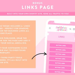 May include: A pink and white graphic promoting a "LINKS PAGE" for a Shopify site. The image includes a phone screen displaying a "LINKS" page with pink buttons, and text explaining the feature. The text reads "BUILT INTO YOUR OWN SHOPIFY SITE, SEND ALL TRAFFIC TO YOU!"
