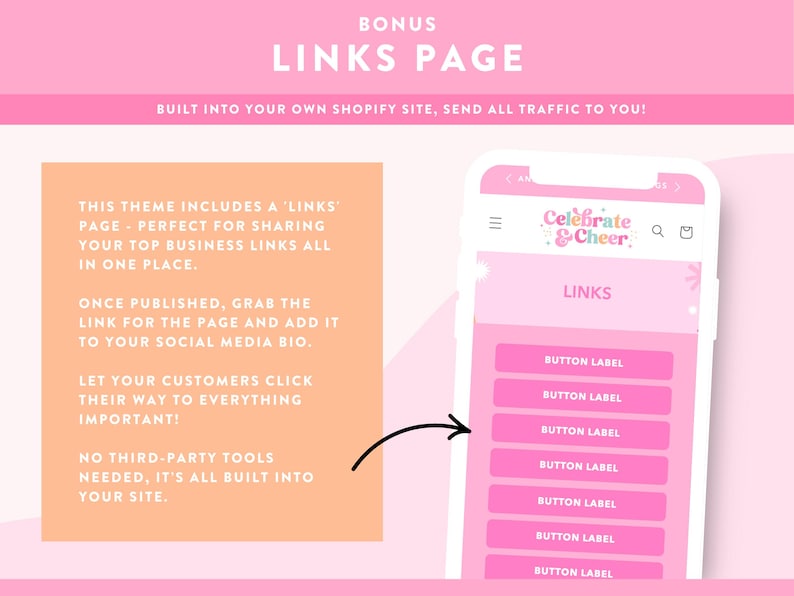 May include: A pink and white graphic promoting a "LINKS PAGE" for a Shopify site. The image includes a phone screen displaying a "LINKS" page with pink buttons, and text explaining the feature. The text reads "BUILT INTO YOUR OWN SHOPIFY SITE, SEND ALL TRAFFIC TO YOU!"