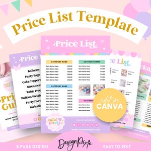 Szablon listy cen Pastel Party - Przewodnik po cenach Canva - Pakiety kreatywnych list cen Ebook - Szablon znaku wyświetlania cen PS01 Design Pixie