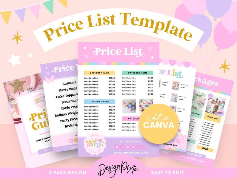 Pastel party price list template to edit in Canva for a price display card or packages and services e-guide