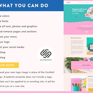 May include: A website template design with a pink and teal color scheme. The design includes text that says "What you can do" and lists options like changing colors, fonts, and adding a logo. The Squarespace logo is also visible.