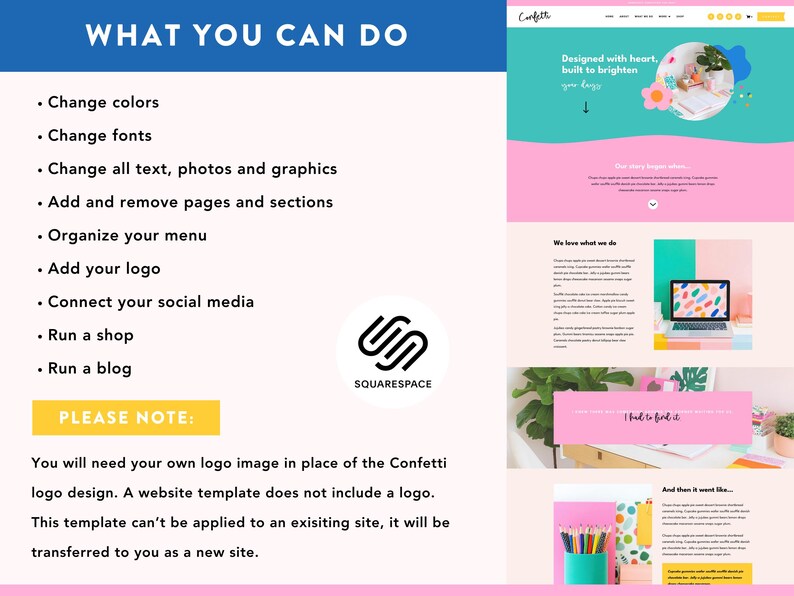 May include: A website template design with a pink and teal color scheme. The design includes text that says "What you can do" and lists options like changing colors, fonts, and adding a logo. The Squarespace logo is also visible.