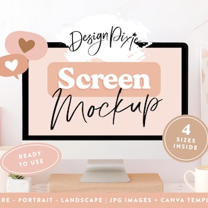 Könnte beinhalten: Ein Computermonitor-Bildschirm-Mockup mit hellpfirsichfarbenem Hintergrund und dem Text Design Pixie, Screen Mockup, 4 SIZES INSIDE und READY TO USE. Das Display ist schwarz umrandet, steht auf einem Holzsockel und ist von rosa und beigen Akzenten umgeben.