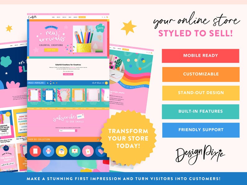 K&ouml;nnte beinhalten: Ein Website-Design-Konzept in Rosa und Blau. Das Design zeigt den Text "Neuheiten" und "bunte Kreationen". Weitere Texte sind "Ihr Online-Shop, um zu verkaufen!" und "Verwandeln Sie noch heute Ihren Shop!"