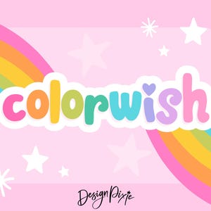 Puede incluir: Un fondo rosa con un arcoíris y estrellas. La palabra "colorwish" está escrita en letras coloridas. El texto "Design Pixie" está escrito en cursiva en la parte inferior.