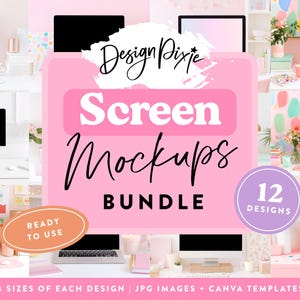 Puede incluir: Un paquete digital de 12 maquetas de pantalla que muestran varias pantallas de computadoras de escritorio y portátiles en entornos de oficina brillantes y coloridos. El gráfico incluye el texto Design Pixie Screen Mockups BUNDLE, 12 DESIGNS, READY TO USE y 4 SIZES OF EACH DESIGN.
