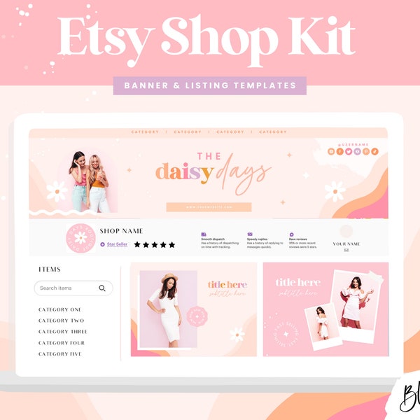 Etsy Shop Banners - Canva Templates - Etsy Shop Kit - Store Listing Design - Etsy Seller Success - Pink Flower Logo Branding DD01 Blog Pixie