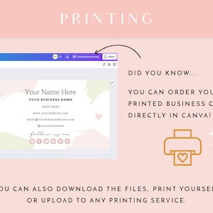 May include: A pink and green business card template with a brushstroke design. The text on the card reads "Your Name Here", "Your Business Name", "0000 0000", "www.yourwebsite.com", "hello@youremailaddress.com", "@yourusername", and "follow us on". The card also includes social media icons. The image shows a screenshot of the Canva website with the "Print Business Cards" button highlighted.