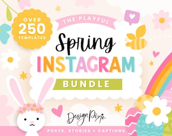 May include: A colorful graphic design for a Spring Instagram bundle with over 250 templates. The design features a rainbow, flowers, a bunny, and an egg. The text "The Playful Spring Instagram Bundle" is written in a playful font.