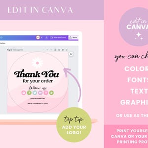 Pode incluir: Um adesivo rosa e branco de agradecimento pelo seu pedido com um gr&aacute;fico de flores e &iacute;cones de m&iacute;dia social. O adesivo &eacute; edit&aacute;vel no Canva e pode ser personalizado com diferentes cores, fontes, texto e gr&aacute;ficos.