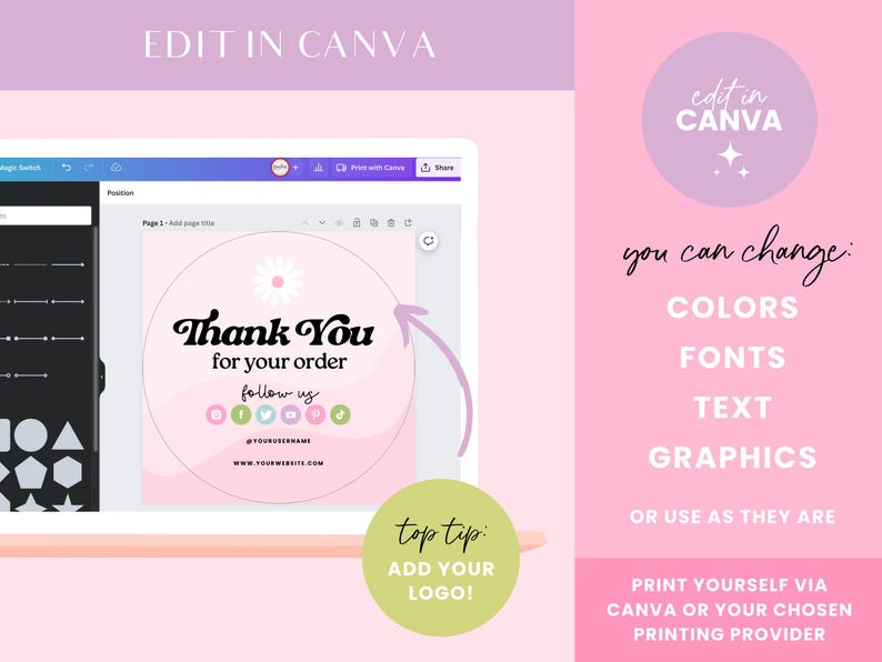 Pode incluir: Um adesivo rosa e branco de agradecimento pelo seu pedido com um gr&aacute;fico de flores e &iacute;cones de m&iacute;dia social. O adesivo &eacute; edit&aacute;vel no Canva e pode ser personalizado com diferentes cores, fontes, texto e gr&aacute;ficos.