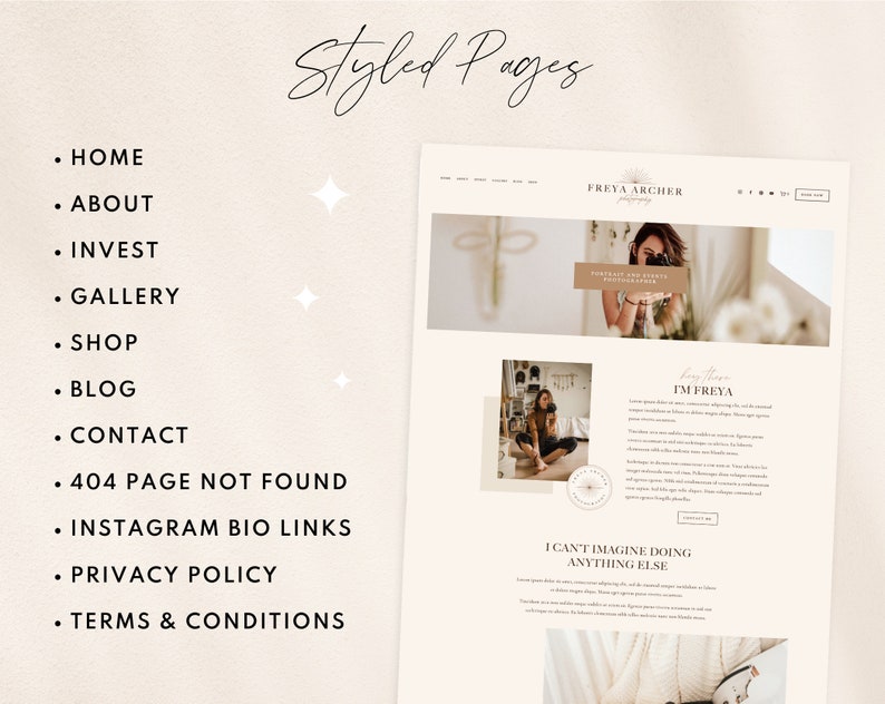 Op de afbeelding: Een website-homepage met een lichtbeige achtergrond en een witte koptekst. De koptekst bevat de tekst "FREYA ARCHER Photography" in zwarte tekst. De website heeft een navigatiebalk met de volgende links: Home, About, Invest, Gallery, Shop, Blog, Contact, 404 Page Not Found, Instagram Bio Links, Privacy Policy en Terms & Conditions. De website bevat ook een sectie met een foto van een vrouw die een camera vasthoudt en de tekst "I'M FREYA" en "I CAN'T IMAGINE DOING ANYTHING ELSE".