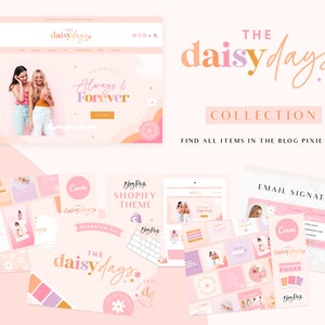 May include: A branding kit for a blog called "The Daisy Days" with a pink and white colour scheme. The kit includes a website template, social media graphics, email signature, and blog post templates. The kit features a daisy flower motif and the text "Always & Forever".