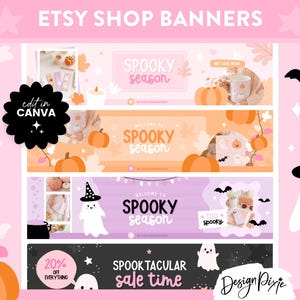 Könnte beinhalten: Rosa Etsy Shop-Banner mit Halloween-Motiv. Die Banner zeigen Kürbisse, Geister, Fledermäuse und den Text "Spooky Season" und "Spooktacular sale time". Die Banner sind für die Bearbeitung in Canva konzipiert.