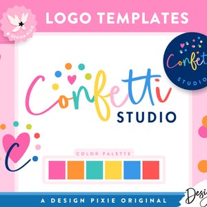 Puede incluir: Un diseño de plantilla de logotipo con el texto "Confetti Studio" en escritura colorida. El diseño incluye una paleta de colores, gráficos de confeti y el texto "Plantillas de logotipo". El fondo es rosa y blanco con lunares coloridos.