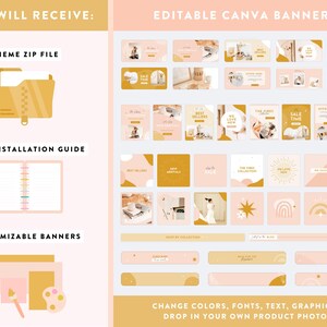 May include: A digital product for creating social media banners. The image shows a set of customizable Canva banners with a pink and gold color scheme. The banners feature various designs, including circles, stars, rainbows, and abstract shapes. The text "CHANGE COLORS, FONTS, TEXT, GRAPHICS + DROP IN YOUR OWN PRODUCT PHOTOS" is included in the image.