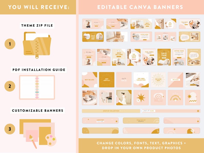 May include: A digital product for creating social media banners. The image shows a set of customizable Canva banners with a pink and gold color scheme. The banners feature various designs, including circles, stars, rainbows, and abstract shapes. The text "CHANGE COLORS, FONTS, TEXT, GRAPHICS + DROP IN YOUR OWN PRODUCT PHOTOS" is included in the image.