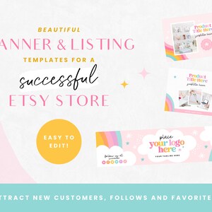 May include: A pink and white banner template with a rainbow design and stars. The text on the banner reads "place your logo here" and "your tagline here". The banner also includes a 20% off sale tag. This template is designed for Etsy sellers to use in their shop listings.