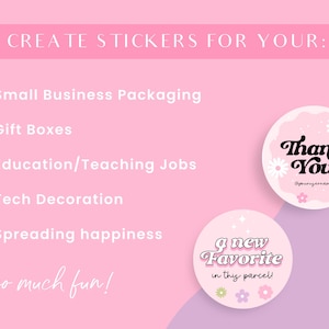 Pode incluir: Designs de adesivos rosa e branco com texto que diz "Obrigado" e "um novo favorito neste pacote!" com um design floral. O texto est&aacute; em um estilo de fonte retr&ocirc;.