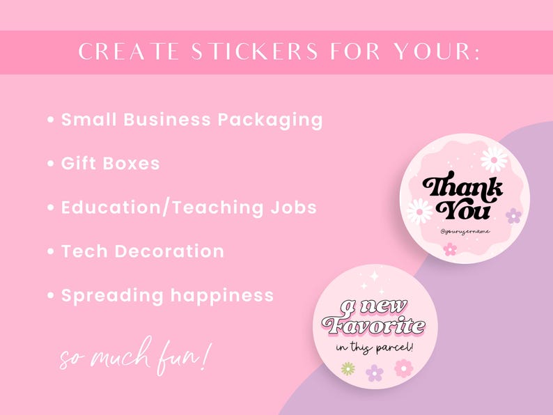 Pode incluir: Designs de adesivos rosa e branco com texto que diz "Obrigado" e "um novo favorito neste pacote!" com um design floral. O texto est&aacute; em um estilo de fonte retr&ocirc;.