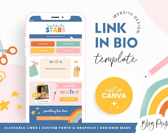 Könnte beinhalten: Ein farbenfrohes Handy-Bildschirm-Mockup mit dem Text "teach for the STARS" und klickbaren Links. Das Design beinhaltet einen Regenbogen, Sterne und einen Hinweisbereich. Der Text "LINK IN BIO template" wird auf einem weißen Hintergrund mit einem gelben Kreis angezeigt, auf dem "edit in CANVA" steht.