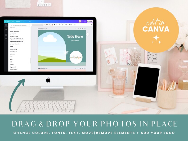 May include: A computer screen displaying a Canva design template with a green and blue landscape, a white cloud, and the text "Title Here". The text "edit in CANVA" is on a yellow circle in the upper right corner of the image. The text "DRAG & DROP YOUR PHOTOS IN PLACE" is at the bottom of the image, with the text "CHANGE COLORS, FONTS, TEXT, MOVE/REMOVE ELEMENTS + ADD YOUR LOGO" below it.