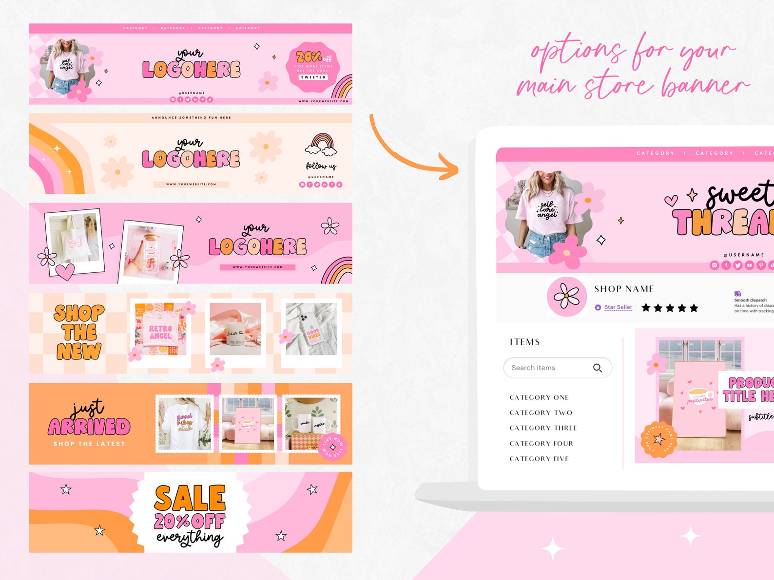 Pink Retro Branding Kit for Etsy - Shop Kit Canva Templates - Hot Pink ...