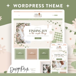 May include: A WordPress theme design featuring a website and mobile phone display. The website showcases a floral design with the text "Little Cottage" and "Finding Joy in the simple things." The design includes floral and leaf accents.