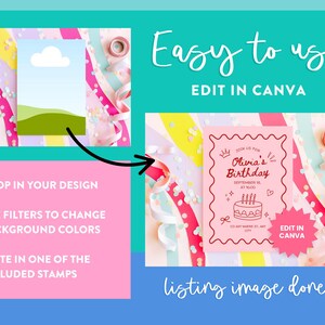 May include: A pink birthday invitation template with a cake illustration and the text "Olivia's Birthday". The image also includes instructions: "Drop in your design", "Use filters to change background colors", and "Paste in one of the included stamps". The text "Easy to use" is also visible.