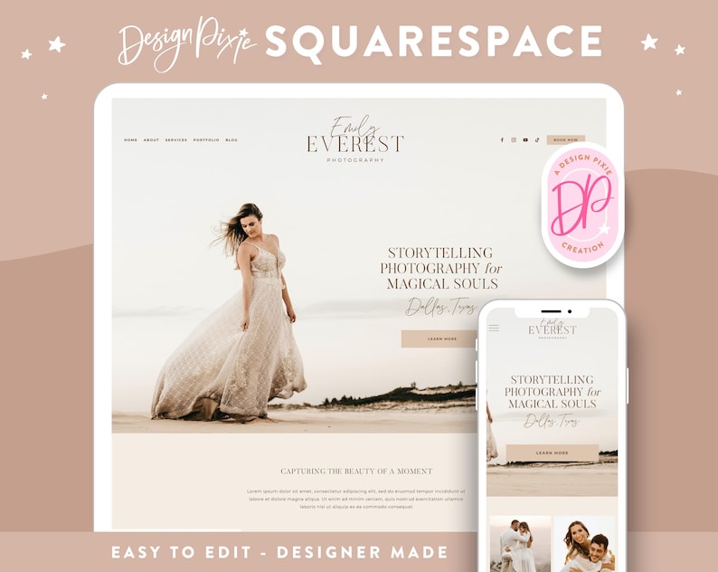 May include: A website mockup for a photography business called Emily Everest Photography. The website features a white background with black text and a photo of a woman in a white dress standing on a beach. The text on the website says "Storytelling Photography for Magical Souls" and "Dolls Try".