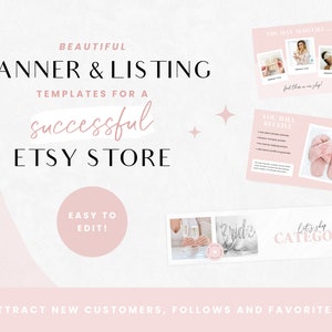 Puede incluir: Una plantilla de dise&ntilde;o gr&aacute;fico rosa y blanca para banners y listados de tiendas Etsy. El texto dice "Banners y listados de plantillas hermosas para una tienda Etsy exitosa. &iexcl;F&aacute;cil de editar! &iexcl;Atrae nuevos clientes, seguidores y favoritos!"