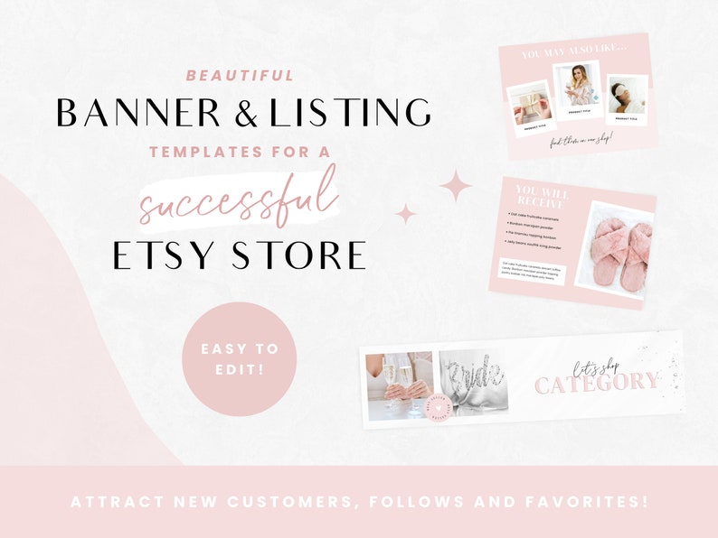 Puede incluir: Una plantilla de dise&ntilde;o gr&aacute;fico rosa y blanca para banners y listados de tiendas Etsy. El texto dice "Banners y listados de plantillas hermosas para una tienda Etsy exitosa. &iexcl;F&aacute;cil de editar! &iexcl;Atrae nuevos clientes, seguidores y favoritos!"