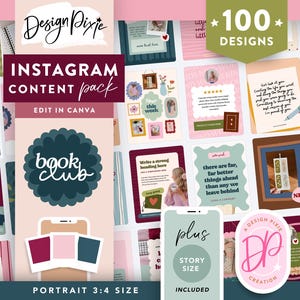 Peut inclure: Un pack de contenu Instagram numérique avec 100 designs, incluant des modèles pour les clubs de lecture et les stories. Le design présente une palette de rose, vert et blanc, avec le texte "book club" et "Instagram content pack".
