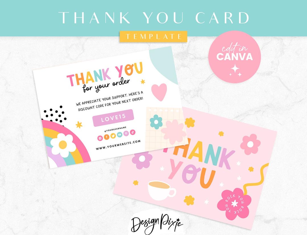 Rainbow Thank You Card Template Canva - Rainbow Branding - Canva Order ...
