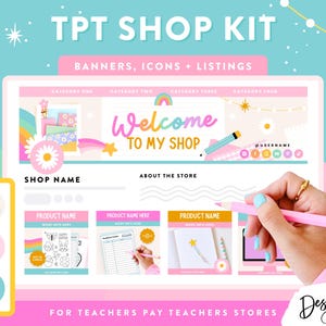 May include: A digital shop kit for Teachers Pay Teachers stores featuring a banner with the text Welcome To My Shop, category labels, and social media icons. The design includes pastel colors, daisy illustrations, rainbows, and stars.