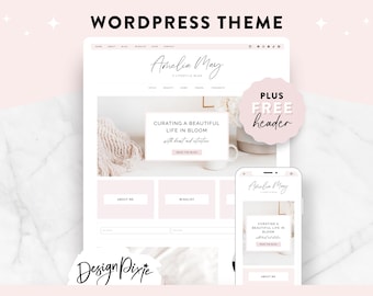 Tema rosa para blog de WordPress - Sitio web de Amelia May - Tienda de plantillas Kadence - Diseño de blog femenino - Temas de WordPress para blogueros Design Pixie