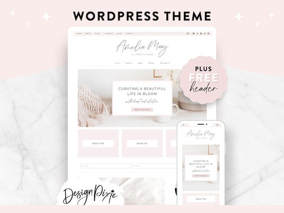 Pink Wordpress Blog Theme - Amelia May Website - Kadence Template Shop - Feminine Blog Layout - Wordpress Themes for Bloggers Design Pixie