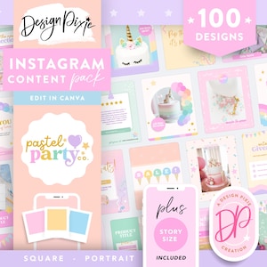 Könnte beinhalten: Ein digitales Produktpaket mit 100 pastellfarbenen Instagram-Post- und Story-Vorlagen. Die Vorlagen zeichnen sich durch eine pastellfarbene Farbpalette mit Regenbögen, Sternen und Einhörnern aus. Der Text "pastel party co." ist auf dem Titelbild zu sehen. Die Vorlagen sind für die Bearbeitung in Canva konzipiert.