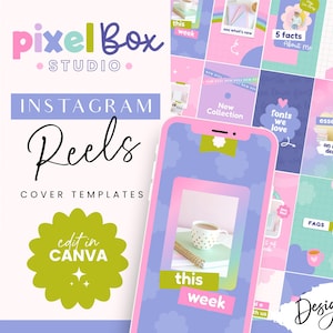 May include: A digital design featuring Instagram Reels cover templates. The design includes a phone mockup, various pastel-colored graphics, and text such as "pixel Box Studio", "Instagram Reels", and "edit in Canva". The overall theme is social media marketing.