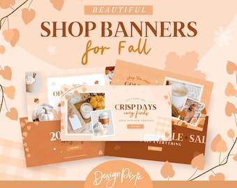 Peut inclure: Plusieurs bannières de boutique sur le thème de l'automne, dans des tons orange et marron. Les bannières présentent du texte tel que "Shop Banners for Fall", "Crisp Days Cozy Finds", et des images de citrouilles, de bougies et de café.