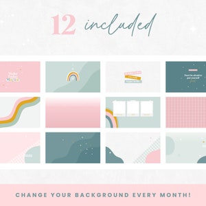 Puede incluir: Doce fondos de escritorio digitales en un esquema de color pastel con varios dise&ntilde;os, que incluyen arco&iacute;ris, estrellas, rayas y texto que dice "Make Today Magical", "Don't be afraid to put yourself first" y "You truly inspire happy in this".