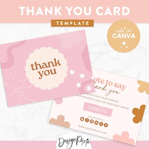 Modello di biglietto di ringraziamento carino Canva - Design femminile ispirato al vintage - Biglietto ricordo per regali fatti a mano e per traguardi importanti - CA01 Design Pixie
