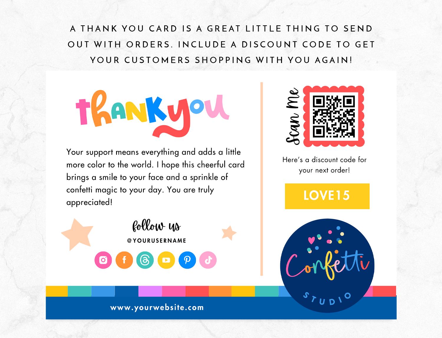 Colorful Thank You Card Template Canva - Bright Editable Insert for ...