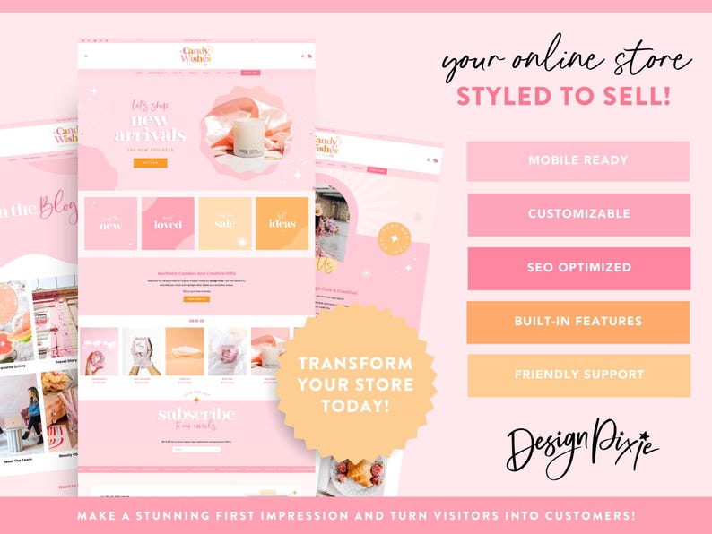 Pink Shopify Theme - Ecommerce Boutique - Pretty Shopify Website Template with Sparkles - Party Candle Shop Branding - CW01 - Design Pixie image 2