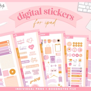 May include: Digital stickers for iPad featuring a variety of colorful designs, including hearts, stars, and motivational quotes. The stickers are organized into categories such as "Tabs", "Is", "Ions", "Ape", and "Sy Notes".
