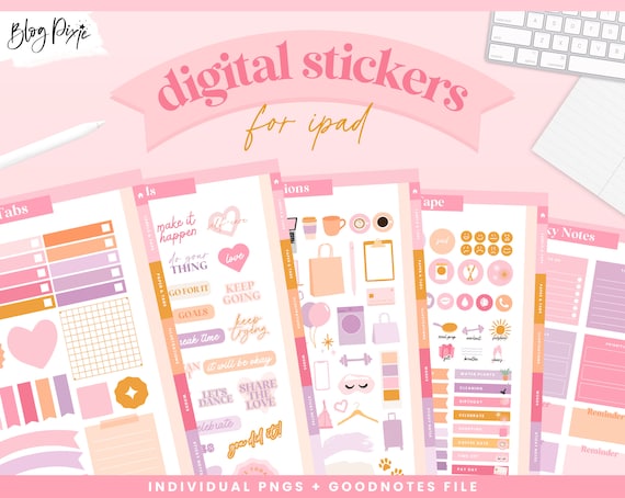 Digital Planner Stickers Goodnotes - iPad Stickers Pack - PNG Stickers Bundle - Pink Stickers Sheet - Pre-cropped Stickers - CW01 Blog Pixie