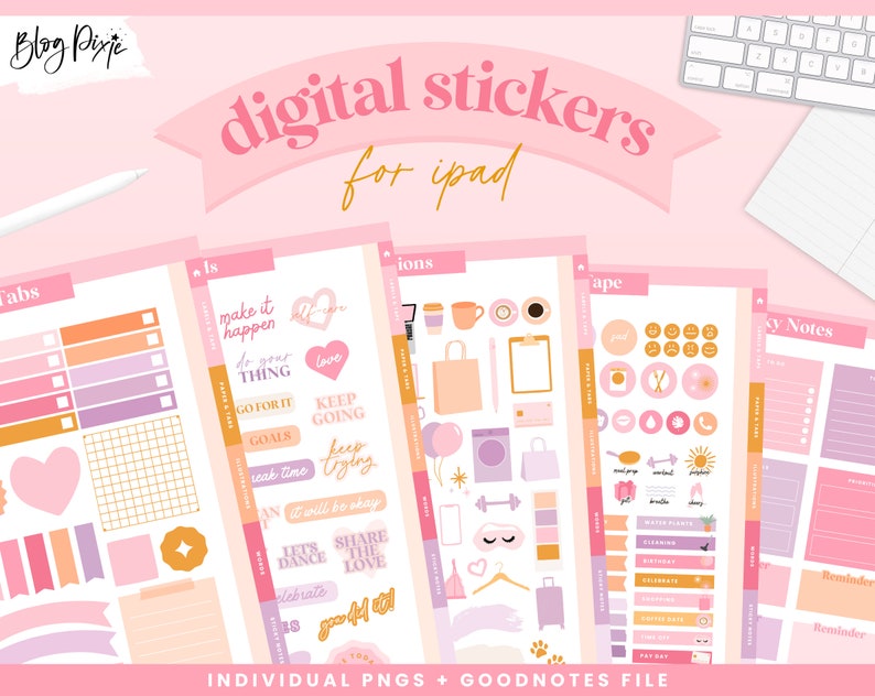 May include: Digital stickers for iPad featuring a variety of colorful designs, including hearts, stars, and motivational quotes. The stickers are organized into categories such as "Tabs", "Is", "Ions", "Ape", and "Sy Notes".